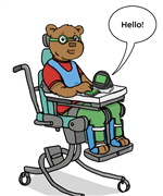 Bear in an activity chair, pressing a switch that says "hello"